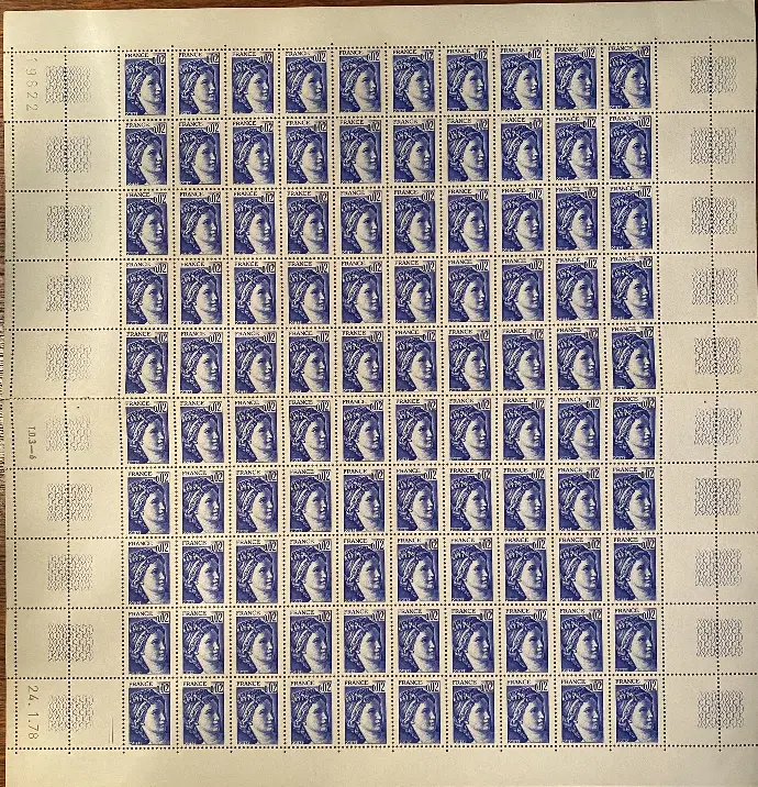 Timbres poste ancien, plaquette de 100 unités, neuve de 1978, de 0,02ct