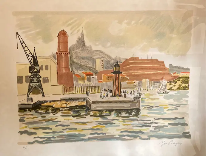 Lithographie signée Yves Brayer, ( 1907-1990), intitulée " Le fort Saint Nicolas, vue de la Joliette à Marseille, numérotée 6//20.  Lithograph signed Yves Brayer, (1907-1990), entitled "Fort Saint Nicolas, view from Joliette in Marseille", numbered 6//20. 65X50cm.