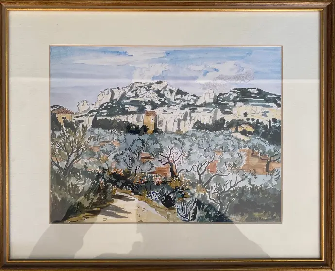 Estampe encadrée et sous verre signée Yves Brayer, provenant du musée Yves Brayer , intitulée " Moulin des oliviers" elle date de 1978 et estampillée par le musée en bas à gauche. Elle mesure 39cmX32cm.   Framed and under glass print signed Yves Brayer, from the Yves Brayer museum, entitled "Moulin des oliviers" it dates from 1978 and stamped by the museum at the bottom left. It measures 39cmX32cm.