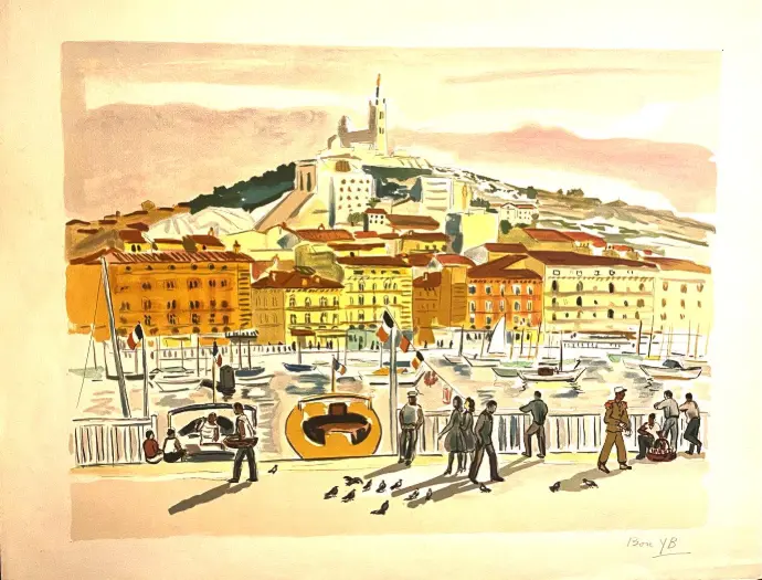 Lithographie originale Yves Brayer, pièce unique, ce bon à tirer est contresigné et daté par sa femme au dos. Marseille, "Le vieux port", réalisée sur papier Japon, mesure 65cmX50cm. De toute beauté.  Original lithograph Yves Brayer, unique piece, this proof is countersigned and dated by his wife on the back. Marseille, "The old port", made on Japanese paper, measures 65cmX50cm. Absolutely beautiful.