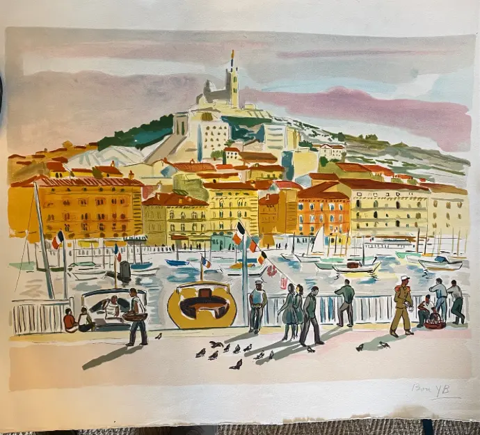 Lithographie originale Yves Brayer, pièce unique, ce bon à tirer est contresigné et daté par sa femme au dos. Marseille, "Le vieux port", réalisée sur papier Japon, mesure 65cmX50cm. De toute beauté.  Original lithograph Yves Brayer, unique piece, this proof is countersigned and dated by his wife on the back. Marseille, "The old port", made on Japanese paper, measures 65cmX50cm. Absolutely beautiful.