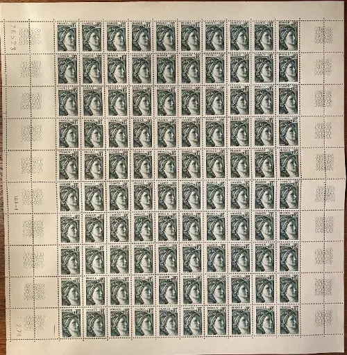 Timbres poste anciens, plaquette de 100 Unités, de 1978, 0,05ct, neuve.
