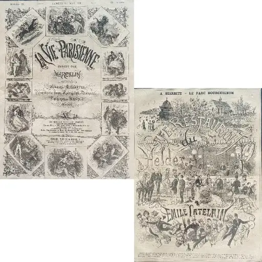 2 Affichettes de publicité des années 1900, ancienne parution originale "Belle époque", "La vie Parisienne" par Marcelain, et Emile Catelain pour l'ouverture d'un restaurant mondain à Biarritz.