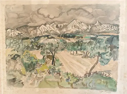 Lithographie signée Yves Brayer ( 1907-1990), intitulée " Paysage des Alpilles, numérotée 12/25, réalisée en 1973. Elle mesure 52cmX66cm.                     Lithograph signed Yves Brayer (1907-1990), entitled "Landscape of the Alpilles", numbered 12/25, produced in 1973. It measures 52cmX66cm.