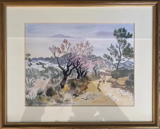 Estampe encadrée sous verre et signée Yves Brayer ( 1907-1990), intilulée "Promenade de Provence ", estampillée du musée Yves Brayer en bas à gauche, elle mesure 39cmX32cm                                              Framed under glass and signed Yves Brayer (1907-1990), titled "Prmenade de Provence", stamped with the Yves Brayer museum at the bottom left, it measures 39cmX32cm