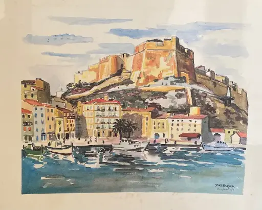 Estampe signée Yves Brayer, (1907-1990), de 1978 et intitulée " Citadelle". Bonifacio. Elle mesure 37cmX28cm.                                Print signed Yves Brayer, (1907-1990), from 1978 and entitled "Citadel". Bonifacio. It measures 37cmX28cm