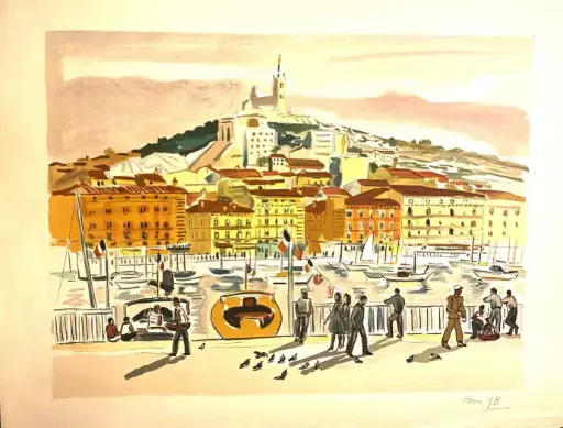 Lithographie originale Yves Brayer, pièce unique, ce bon à tirer est contresigné et daté par sa femme au dos. Marseille, "Le vieux port", réalisée sur papier Japon, mesure 65cmX50cm. De toute beauté.  Original lithograph Yves Brayer, unique piece, this proof is countersigned and dated by his wife on the back. Marseille, "The old port", made on Japanese paper, measures 65cmX50cm. Absolutely beautiful.