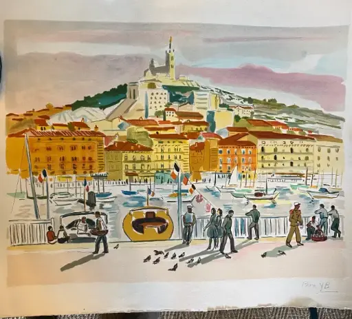 Lithographie originale Yves Brayer, pièce unique, ce bon à tirer est contresigné et daté par sa femme au dos. Marseille, "Le vieux port", réalisée sur papier Japon, mesure 65cmX50cm. De toute beauté.  Original lithograph Yves Brayer, unique piece, this proof is countersigned and dated by his wife on the back. Marseille, "The old port", made on Japanese paper, measures 65cmX50cm. Absolutely beautiful.